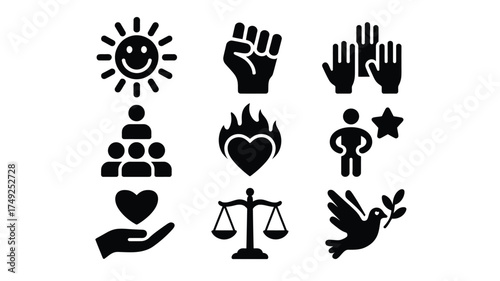 Set of 9 black and white minimalist icons representing positivity unity justice peace and success scalable vector eps silhouette