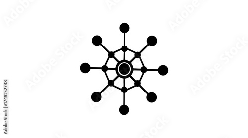 Abstract geometric design featuring a central circle connected to outer circles by lines, creating a network or starburst pattern.