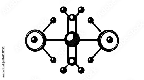 Abstract black and white graphic design featuring interconnected circular and linear shapes.