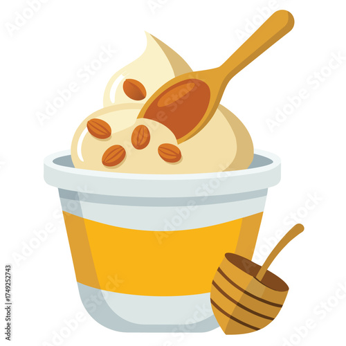 Honey Yogurt with Almonds and Spoon Healthy Dessert Snack Sweet Treat Vector Design