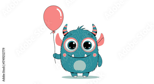 A cute, friendly cartoon monster holding a pink balloon, smiling happily.