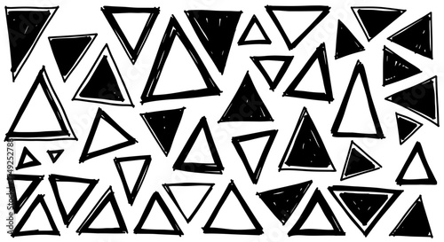 Hand-drawn triangles of varying sizes and orientations scattered across a white background.