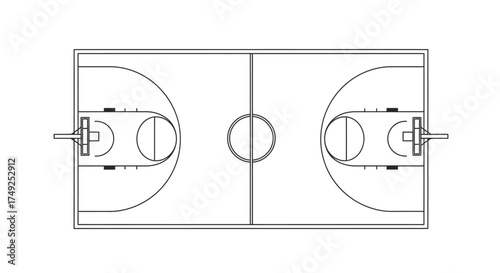 Overhead view of a basketball court, showing lines, hoops, and key markings.