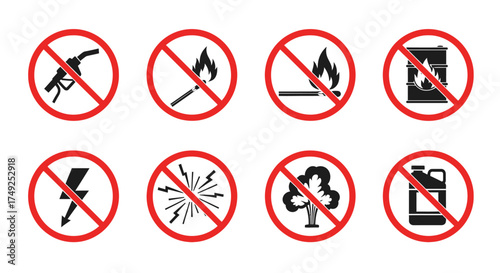 Warning signs depicting prohibited actions, including fire, fuel, and electrical hazards.