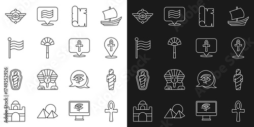 Set line Cross ankh, Egypt mummy, Papyrus scroll, Egyptian fan, Flag Of, symbol Winged sun and icon. Vector