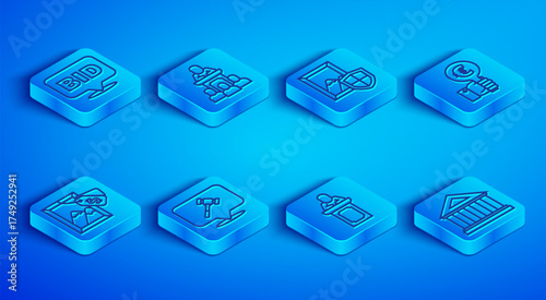 Set line Bid, Auction auctioneer sells, painting, hammer, Hand holding paddle, and Museum building icon. Vector
