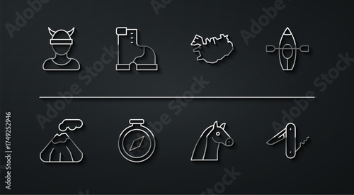 Set line Viking head, Volcano, Kayak and paddle, Horse, Compass, Winter warm boot, Swiss army knife and Map of Iceland icon. Vector