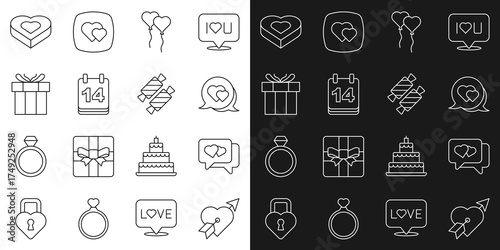 Set line Amour with heart and arrow, Heart in speech bubble, Balloons form of, Calendar February 14, Gift box, Candy shaped and icon. Vector