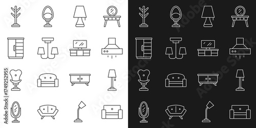 Set line Armchair, Floor lamp, Kitchen extractor fan, Table, Chandelier, Wardrobe, Coat stand and TV table icon. Vector