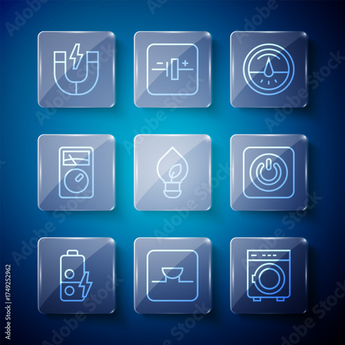 Set line Battery charge, Buzzer in electronic circuit, Washer, Electric meter, Light bulb with leaf, Ampere multimeter, Magnet and Power button icon. Vector