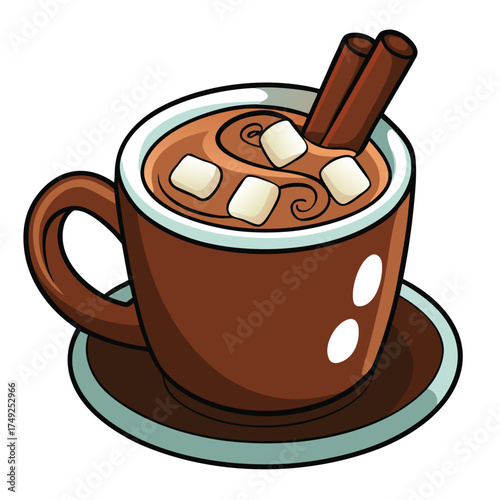 Hot Chocolate with Marshmallows and Cinnamon Sticks Warm Drink Vector Graphic