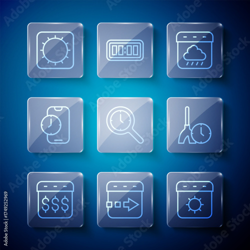 Set line Payday, calendar with dollar, Time flies on the clock, Calendar summer, autumn, Magnifying glass, Alarm app mobile, Sun and Cleaning time icon. Vector