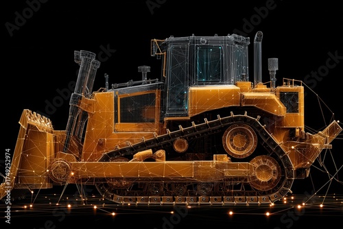 A digital, geometric rendering of a large yellow bulldozer against a black background