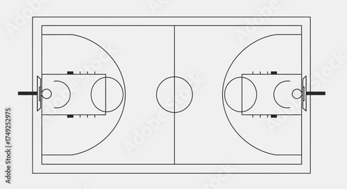 Top-down view of a standard basketball court with all markings and equipment clearly illustrated.