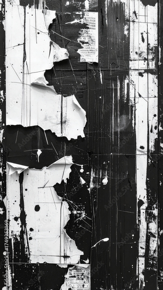 Obraz premium Black and white xerox style background with smudges, torn paper edges, toner streaks. Dramatic grain