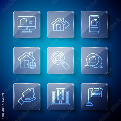 Set line Realtor, House, Hanging sign with Rent, Online real estate house, Search, under protection, and message icon. Vector