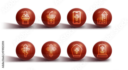Set line Church pastor preaching, Christian cross, building, Pope hat, sermon tribune, Grave with tombstone and phone icon. Vector
