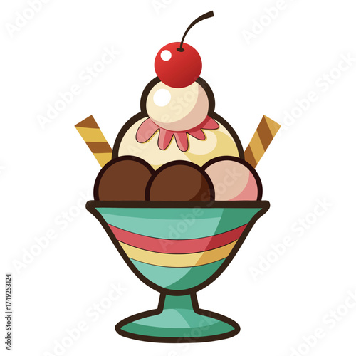 Colorful Ice Cream Sundae Dessert with Cherry Topping and Waffle Sticks Illustration