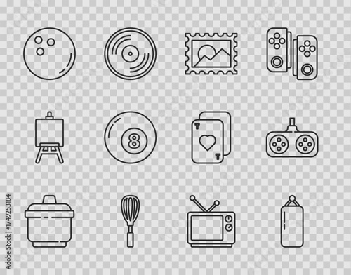 Set line Cooking pot, Punching bag, Postal stamp, Kitchen whisk, Bowling ball, Billiard pool snooker, Retro tv and Gamepad icon. Vector