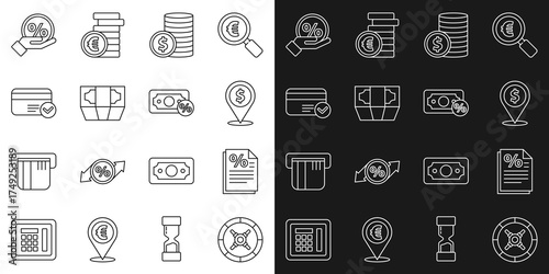 Set line Safe, Finance document, Cash location, Coin money with dollar, Stacks paper cash, Credit card, Discount percent tag and Money icon. Vector