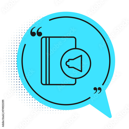 Black line Audio book icon isolated on white background. Book with headphones. Audio guide sign. Online learning concept. Blue speech bubble symbol. Vector