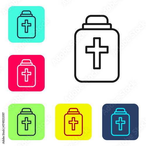 Black line Funeral urn icon isolated on white background. Cremation and burial containers, columbarium vases, jars and pots with ashes. Set icons in color square buttons. Vector
