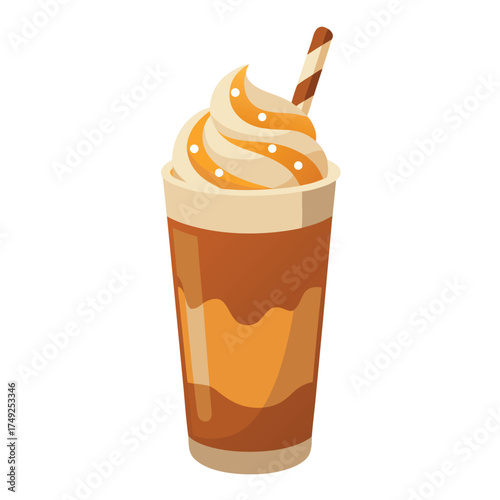 Caramel Frappe Coffee Drink with Whipped Cream and Decorative Straw Illustration