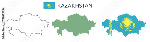 Kazakhstan country geographical borders isolated on white background. Flag of Kazakhstan. Vector flat cliparts.