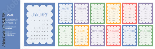 2026 calendar template playful rounded shape colorful monthly planner layout week starts Sunday printable organizer schedule decorative modern abstract style A4 A3 aspect ratio creative stationery