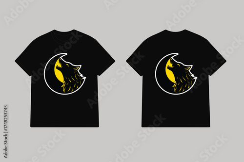 Black t shirt with wolf howling at moon graphic wolf head