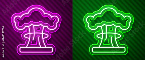 Glowing neon line Nuclear explosion icon isolated on purple and green background. Atomic bomb. Symbol of nuclear war, end of world. Vector