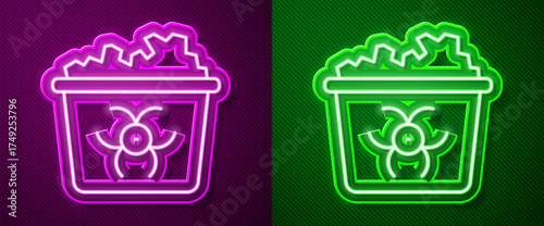Glowing neon line Infectious waste icon isolated on purple and green background. Tank for collecting radioactive waste. Dumpster or container. Biohazardous substances. Vector