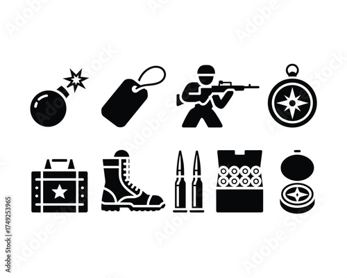 Set of 10 black military and tactical icons for vector graphics and illustrations silhouette