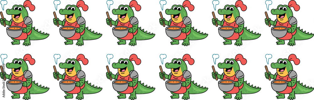 Fototapeta premium Smiling Cartoon Crocodile Chef Cooking Soup in Pot: Whimsical Alligator Character Stirring Broth with Ladle in Fantasy Kitchen, Food Preparation for Children's Illustration, Animated Presentation, Cul