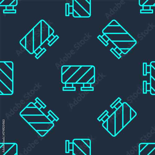Green line Road barrier icon isolated seamless pattern on blue background. Symbol of restricted area which are in under construction processes. Repair works. Vector