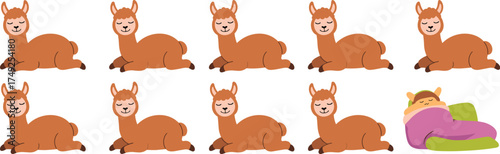 Restful Llama Herd Relaxing and Sleeping Peacefully: Cartoon Animals in Serene Landscape for Children's Illustration, Educational Resources, Healthcare Design, Modern Relaxation, Marketing Graphics, a