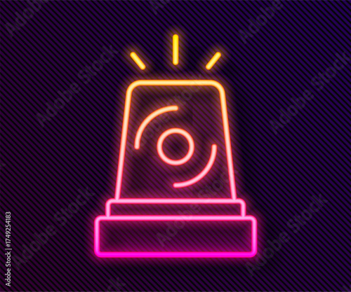 Glowing neon line Flasher siren icon isolated on black background. Emergency flashing siren. Vector