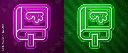 Glowing neon line Viking book icon isolated on purple and green background. Vector