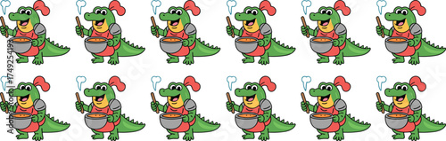 Smiling Cartoon Crocodile Chef Cooking Soup in Pot: Whimsical Alligator Character Stirring Broth with Ladle in Fantasy Kitchen, Food Preparation for Children's Illustration, Animated Presentation, Cul