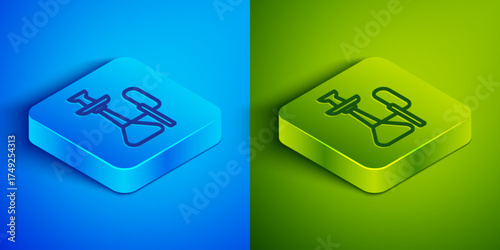 Isometric line Hookah icon isolated on blue and green background. Square button. Vector