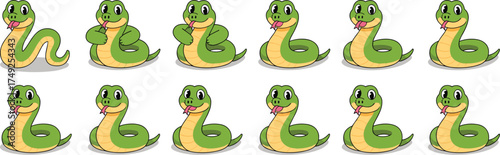 Cute Green Cartoon Snake Collection Posing on White Background - Playful Reptile Characters for Children's Illustration, Educational Material, and Animated Design Projects. Snakes Crawling and Smiling