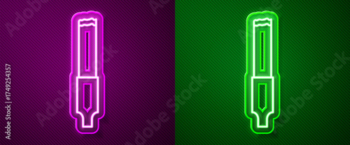 Glowing neon line Cigarette icon isolated on purple and green background. Tobacco sign. Smoking symbol. Vector