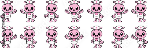 Cheerful Pink Alien Nurse Cartoon Character Waving Hello in Medical Setting, Cute Extraterrestrial Doctor Illustration for Children's Healthcare, Animation, Education, Friendly Mascot, Graphic Design,