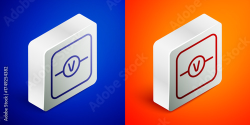 Isometric line Voltmeter electronic component icon isolated on blue and orange background. Electricity physics scheme for education. Silver square button. Vector