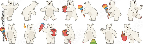 Cartoon Polar Bear Characters in Various Poses and Actions: Cute Arctic Mammals Enjoying Honey, Treats, and Having Fun in a Winter Wonderland, Perfect for Children's Illustration, Education, and Wildl
