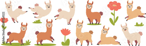 Cute Llama Animal Illustrations in a Playful Cartoon Style for Children's Designs, Wall Art, and Educational Materials Featuring Smiling Alpaca Characters with Flowers, Ideal for Nursery Decor, Greeti