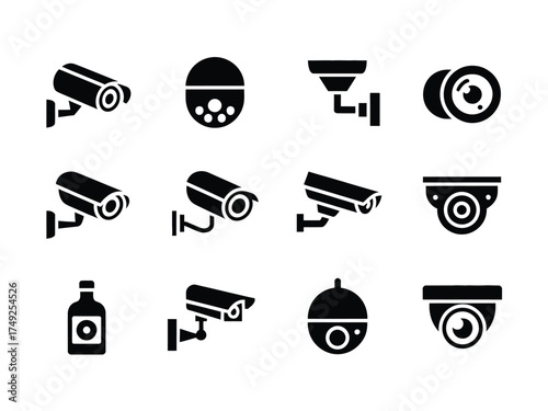 Set of 10 black and white security cam icons for surveillance and monitoring vector graphics silhouette