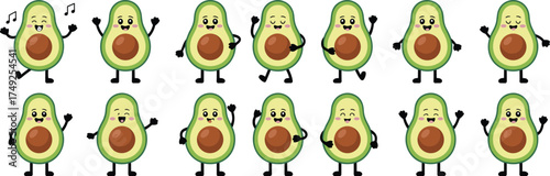 Cartoon Avocado Characters Expressing Joy and Positivity on White Background, Demonstrating Healthy Eating, Happy Lifestyle, and Fun Food Concepts, Ideal for Children's Education Material, Nutrition C