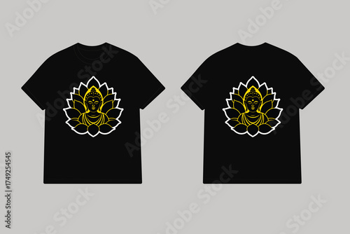 Black t shirt with yellow buddha lotus design buddha face