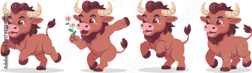 Joyful Cartoon Ox Celebrating Spring: Cute Brown Bull Character Holding Flowers, Dancing & Jumping in a Field, Symbolizing New Year, Good Luck & Prosperity for Chinese Zodiac, Vector Illustration Grap